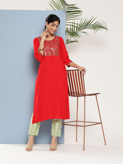 Utsa by Westside Red Paisley Floral Embroidered A-Line Kurta